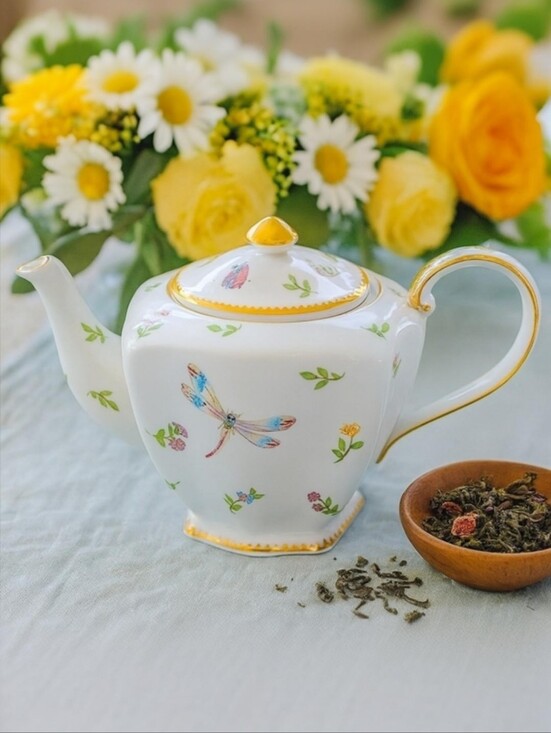 Godinger Other - Godinger Primavera Square Teapot Dragonfly Floral Gold Trim Discontinued